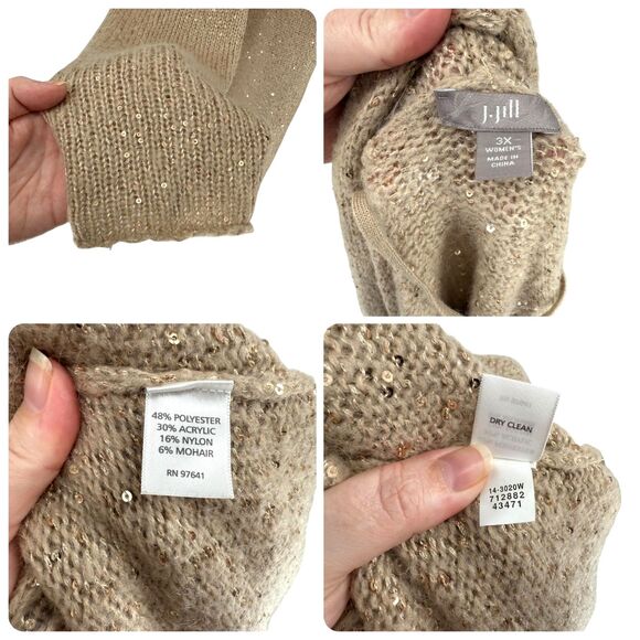 J. Jill Longline Sweater Cardigan 3X Beige Gold Sequins Open Knit Mohair Blend - Picture 13 of 13